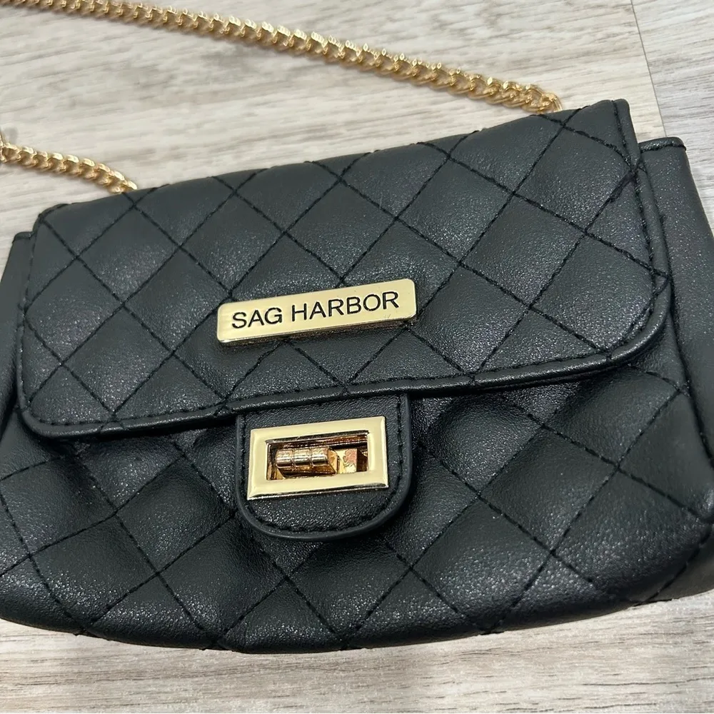 Sag Harbor Black Quilted Faux Leather Mini Crossbody Bag Purse Gold Chain Strap - Image 2