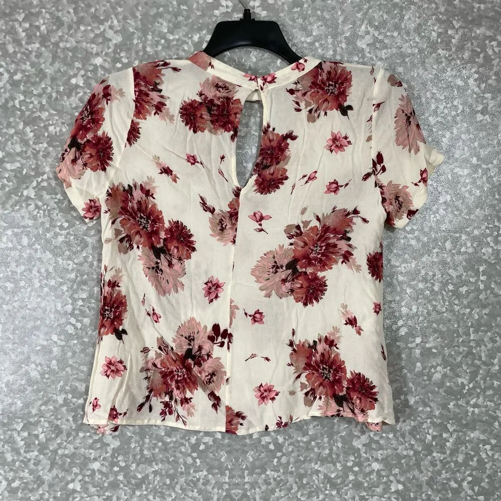 Lush White & Dark Pink Floral Choker Neck Short Sleeve Top - Size Small - Cutout - Image 6