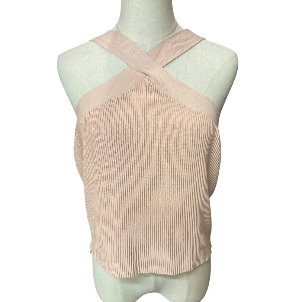 Halogen Women's Cropped Halter Ribbed Knit Tank Size‎ XL Beige Sleeveless NEW - Image 3