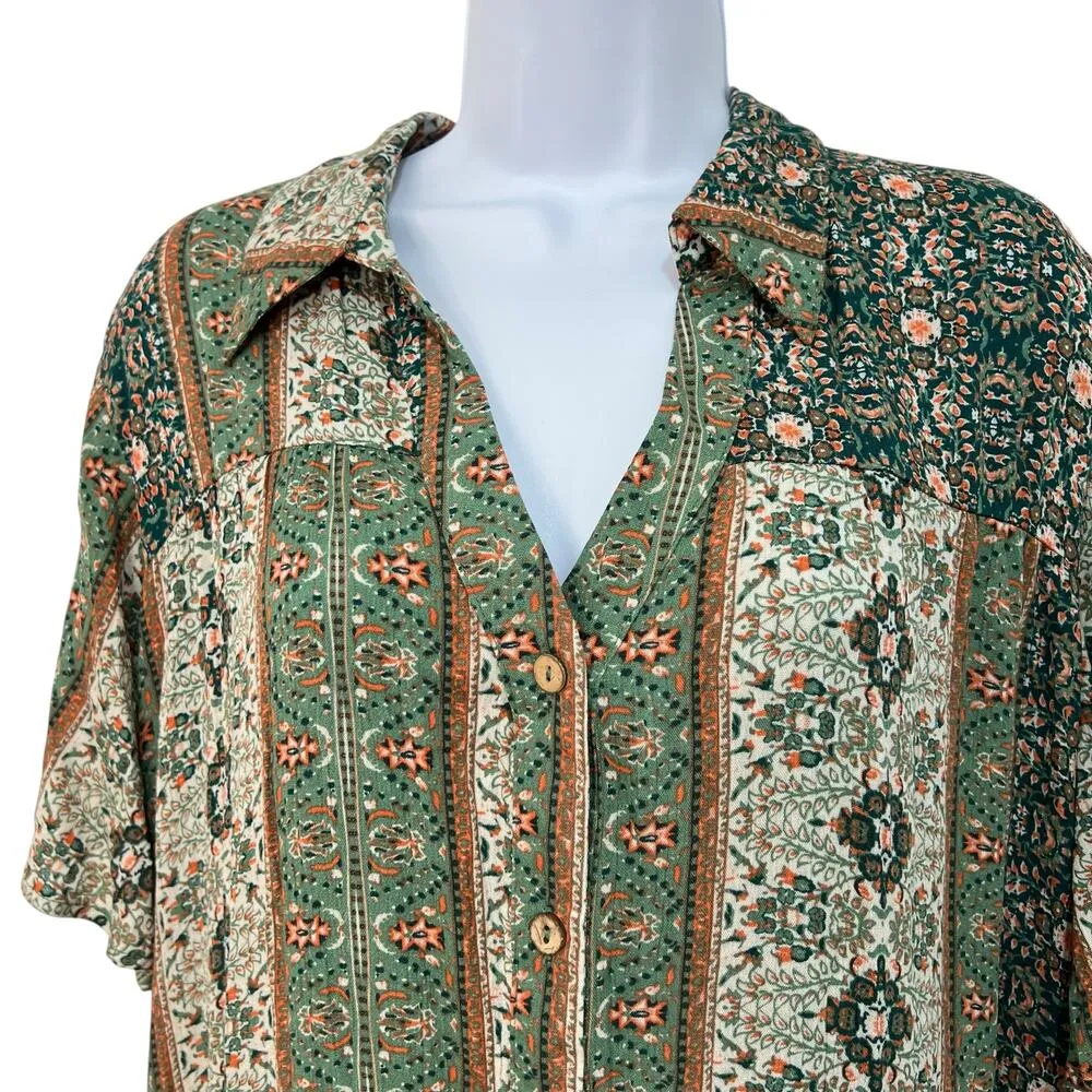 Easel Floral Earthy Geometric Babydoll Dress Sage Green Retro Flair Indie Sz 1X - Image 4