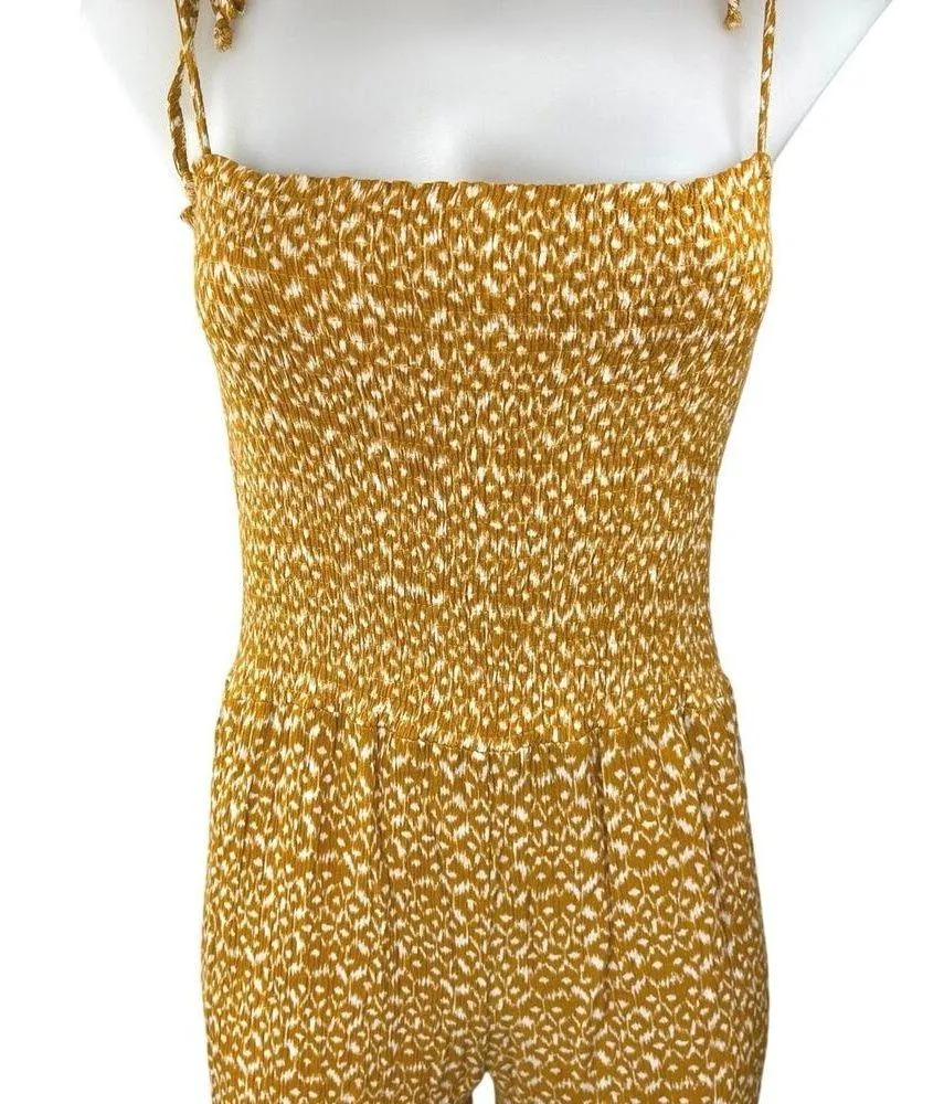 Storia Yellow White Geometric Sleeveless Smocked Flared Bell Bottom Jumpsuit L - Image 3