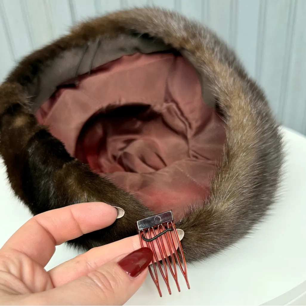 Vintage Mink Fur Pillbox Hat Brown With Hair Comb Clips Winter Mod Vintage Hat - Image 8