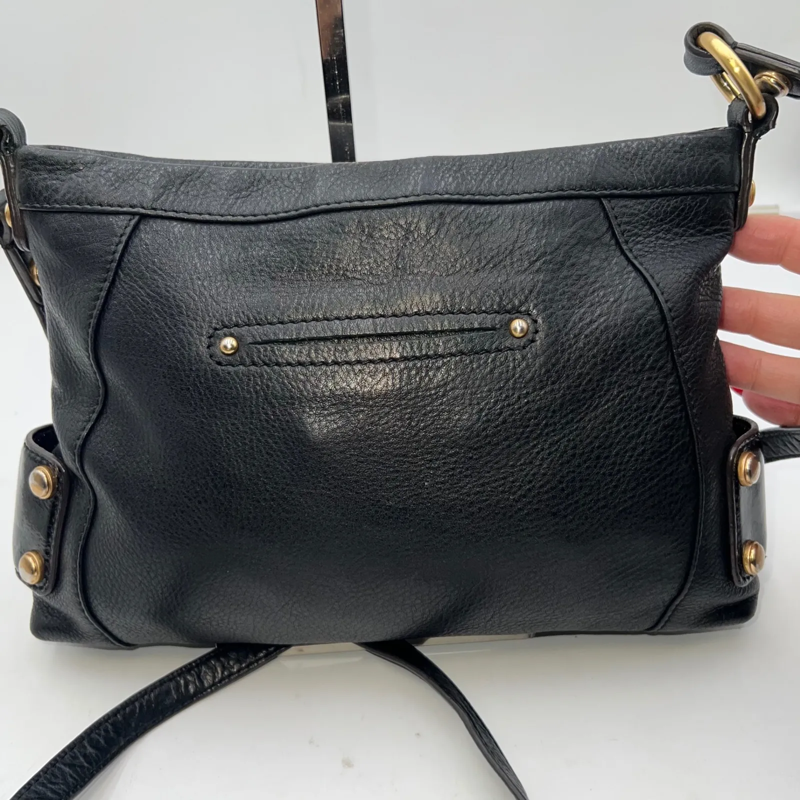 B Makowsky Black Leather Crossbody Bag Gold Hardware Leopard Print Lining - Image 3