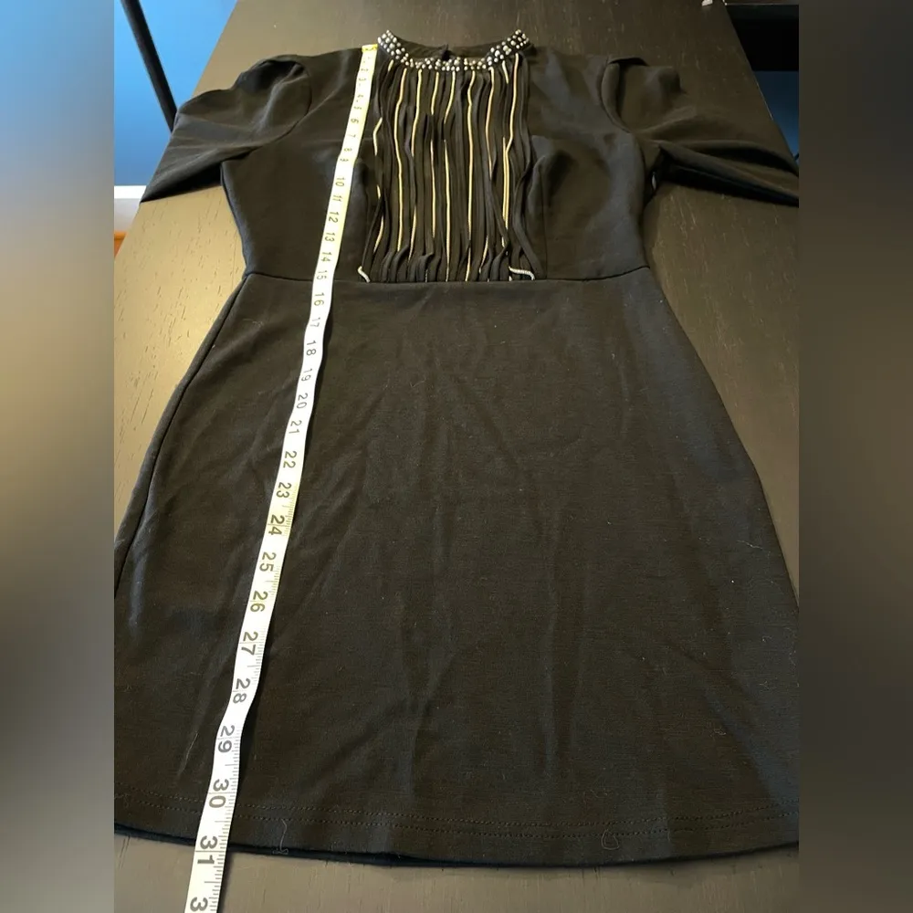 Black Rhinestone Beaded Fringe Front Split Sleeve Mini Dress Women’s Size S - Image 7