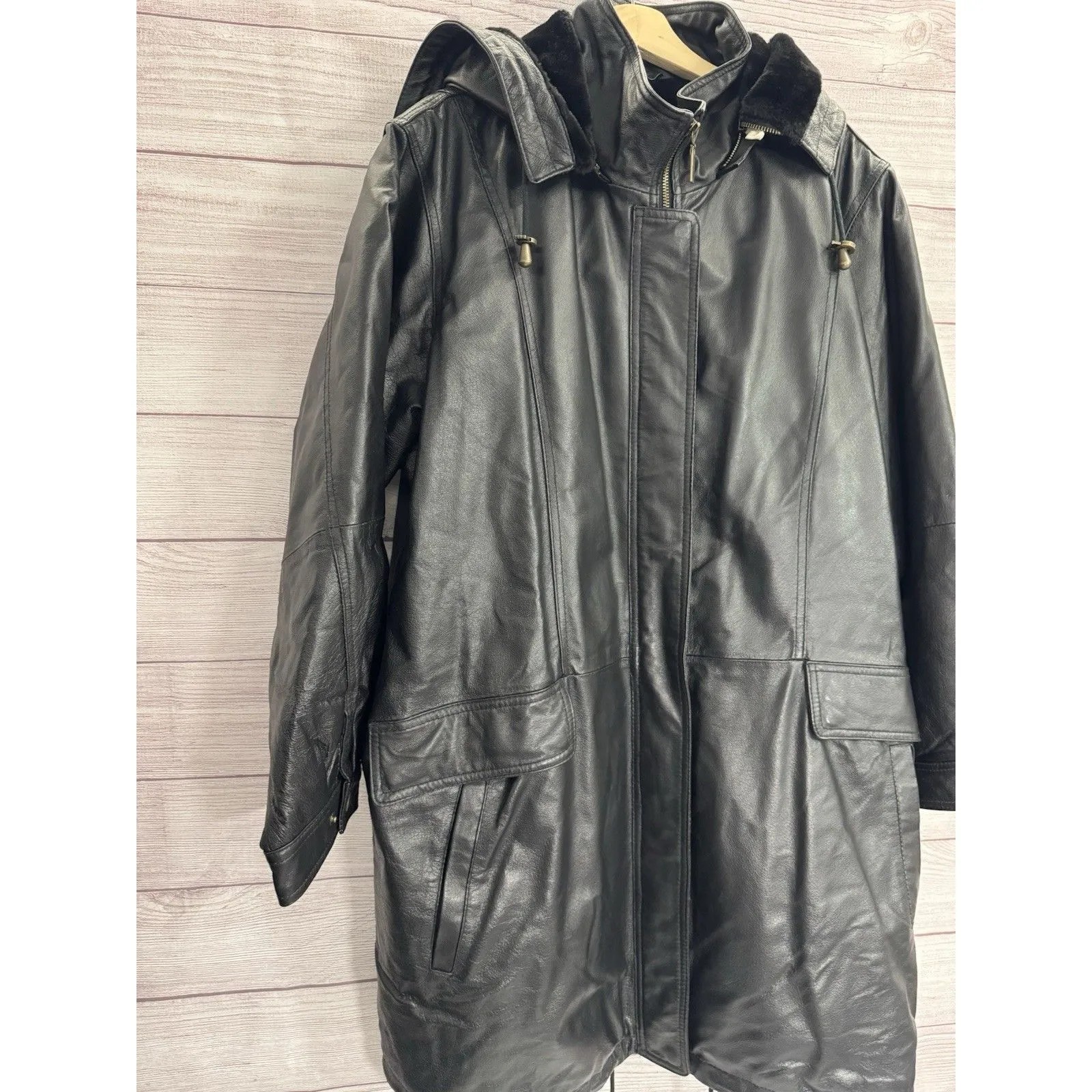 Veranesi Women's Genuine Leather Coat 28W Plus Black Faux Fur Lined Hood Parka - Image 3