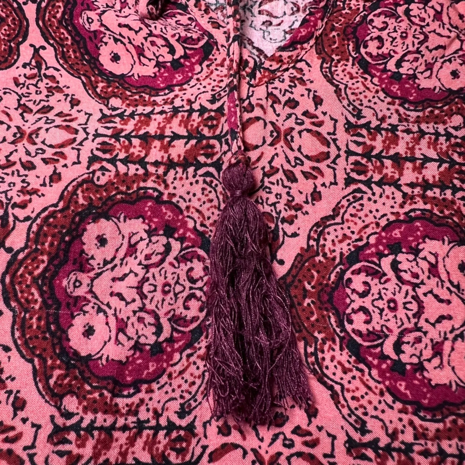 Artisan NY Tunic Top Womens 1X Pink Burgundy Paisley Print Shirt Boho Tassels - Image 8