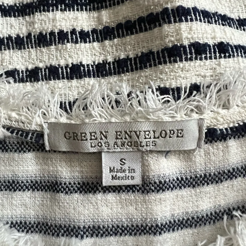 Green Envelope Shirt Women’s Small White Navy Short Sleeve Top Frayed Edge Seams - Image 3