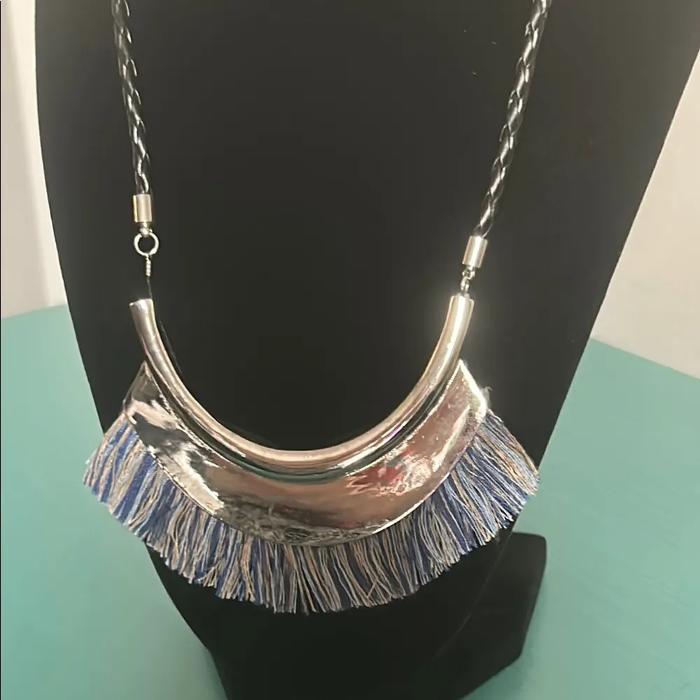 2 Boho Inspired Silver Tone Blue Fringe Geometric Cord Choker Collar Necklaces - Image 13