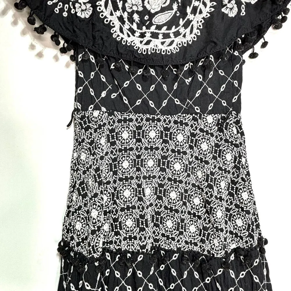 Anthropologie Marisol Off The Shoulder Embroidered Midi Dress Black, White 0 - Image 4