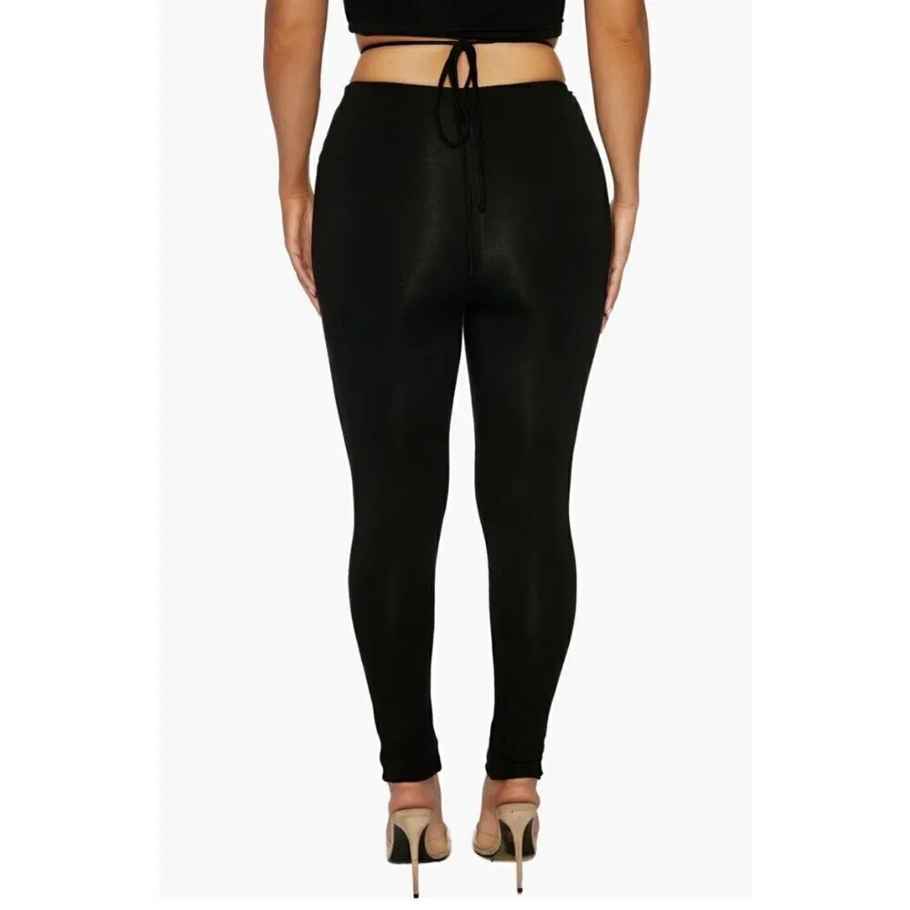 Naked Wardrobe Rich Tie Waist‎ Ruched Full Length Leggings in Black Size Medium - Image 2