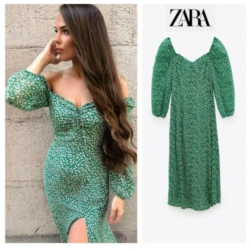 Zara Women dress Long Floral Shirt Dress casual light fabric Green SIZE XL - Image 2