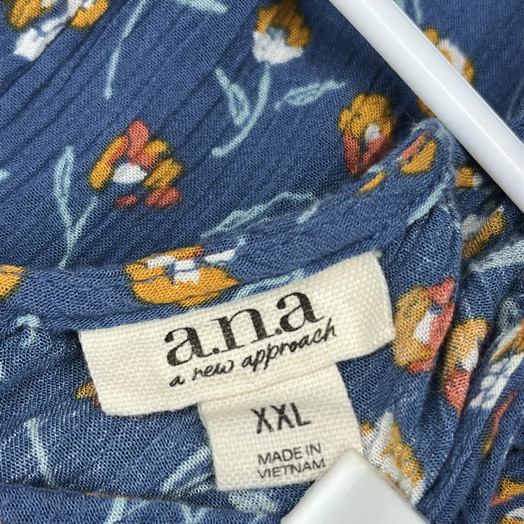 Blue Floral Rayon V Neck Sleeveless Decorative Tie Quarter Button Tank Top XXL - Image 9