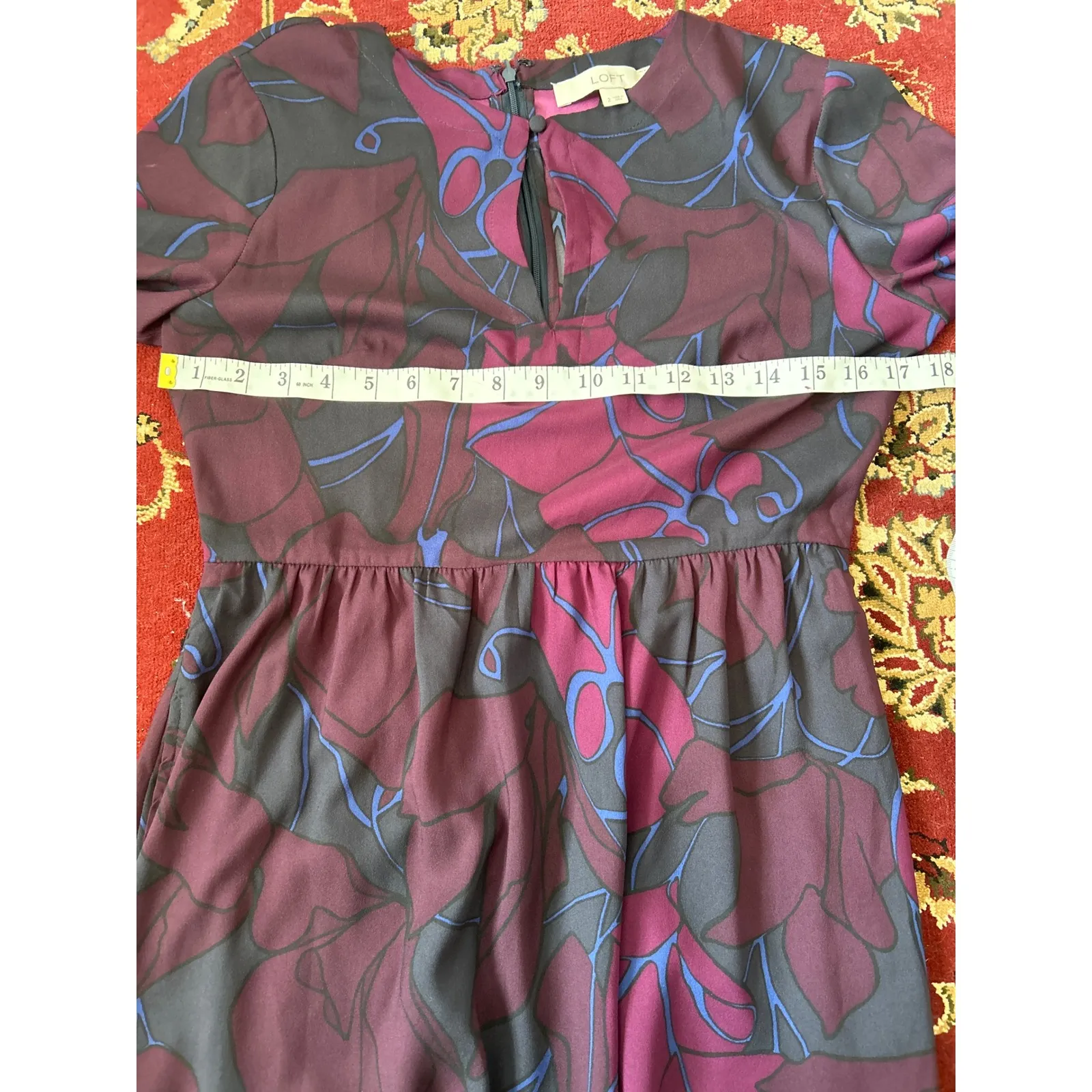 LOFT Babydoll Floral Print Long Sleeve Dress Keyhole Neckline A Line Mini Size 2 - Image 5