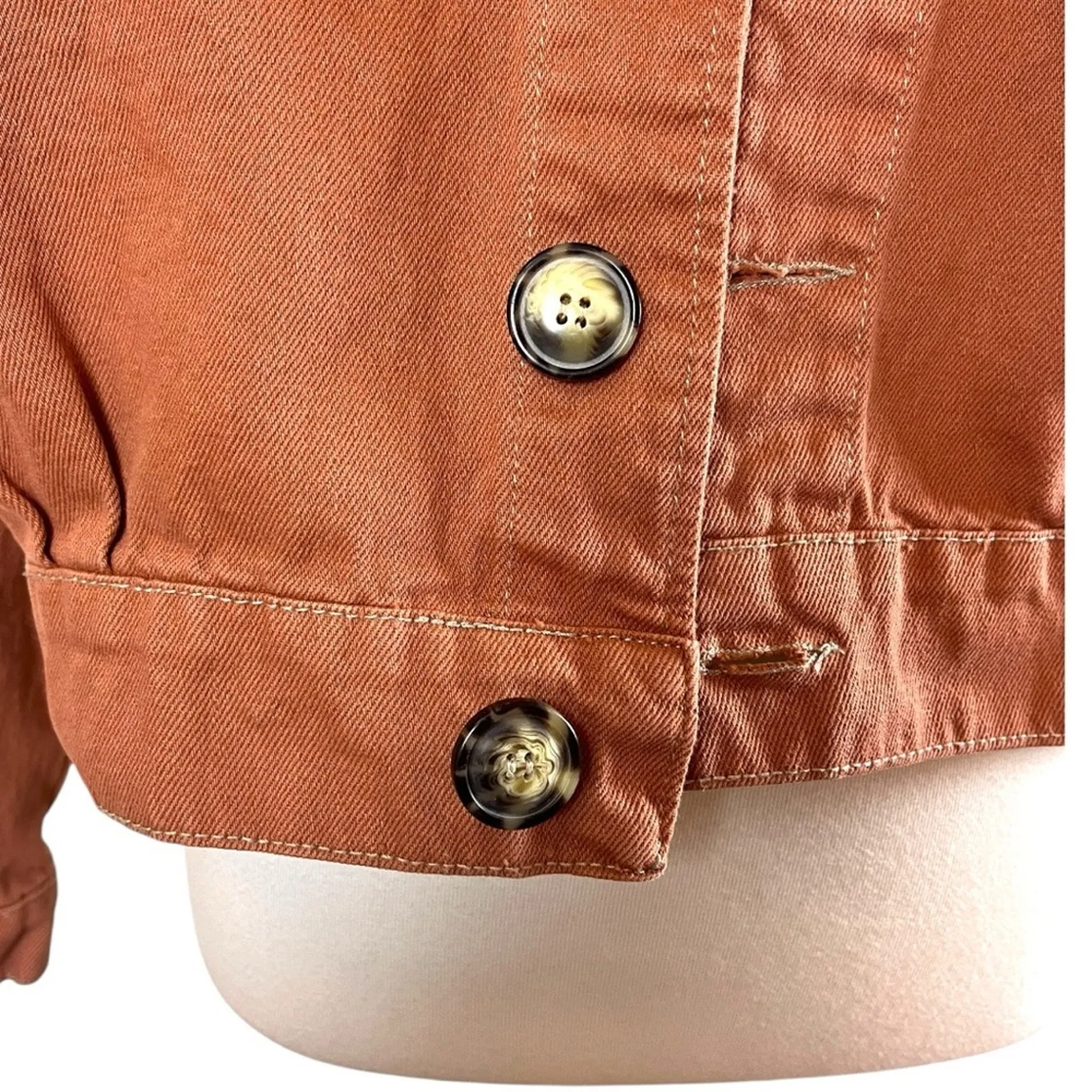 Free People Denim Jean Jacket Button Front Terracotta Orange Women’s Size Medium - Image 10