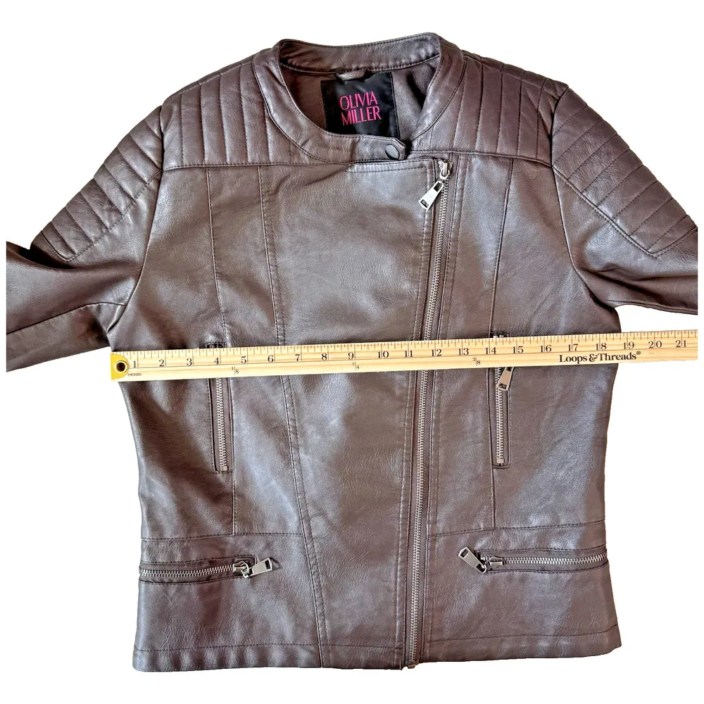 Olivia Miller Womens Jacket S Designer Brown Leather Vegan Zip Quality Moto EUC - Image 8