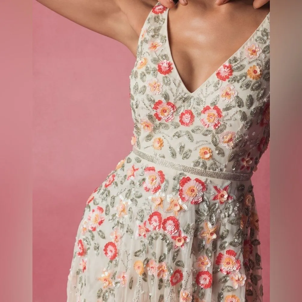 Mac Duggal 5527 Cream V-Neck Sleeveless Midi Floral Beaded A-line Dress $598 - Image 4