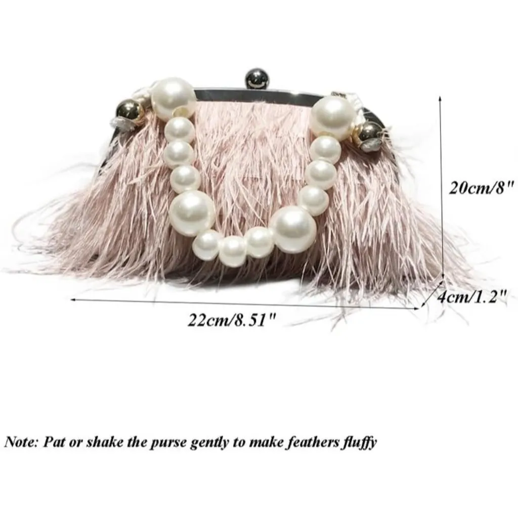 ⚡Women's Fluffy Ostrich Feather Pearl Banquet Evening Light Pink Clutch Bag - Image 3