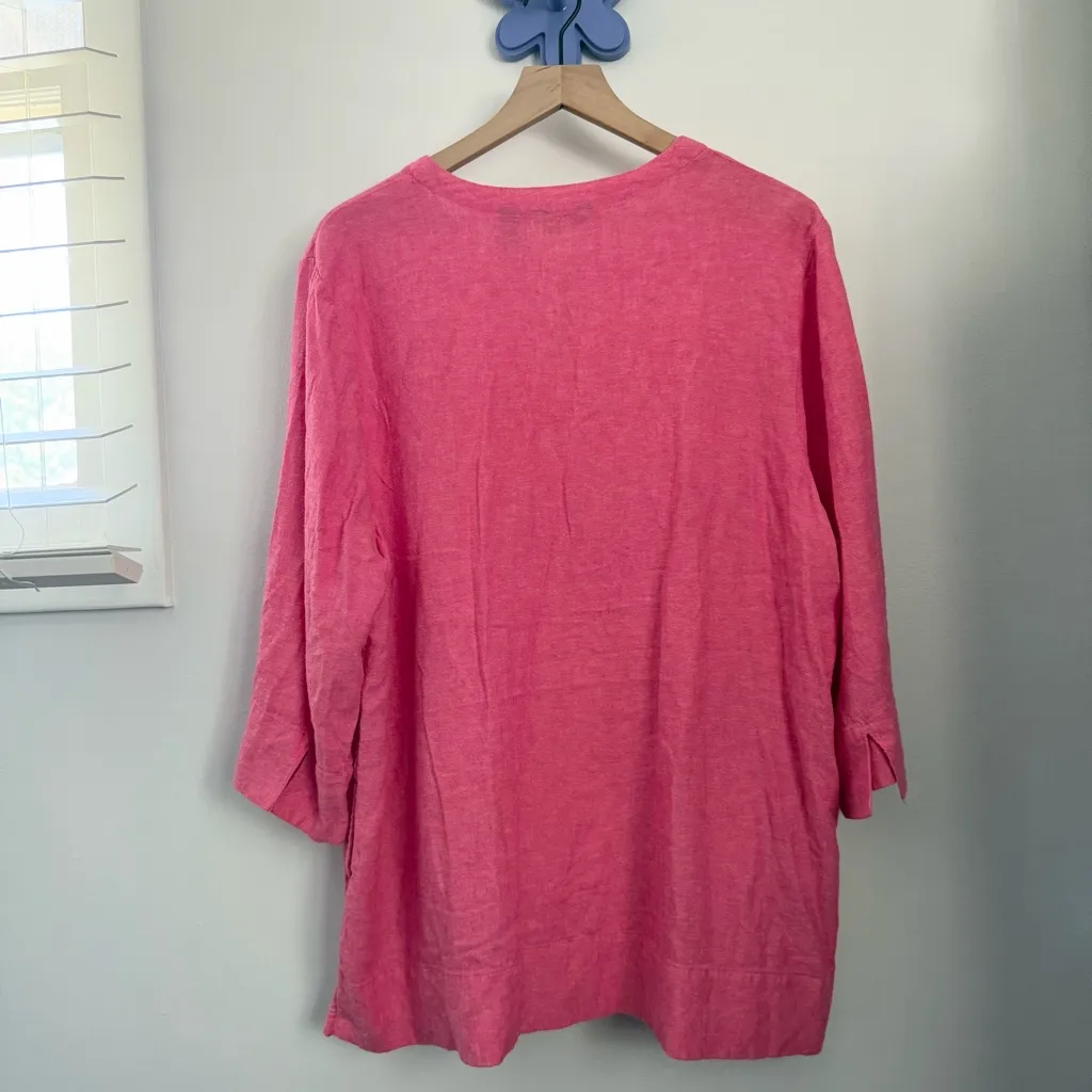 Lands’ End XXL Linen Blend V Neck Tunic Top 3/4 Sleeve Beach Vacation Pink - Image 3