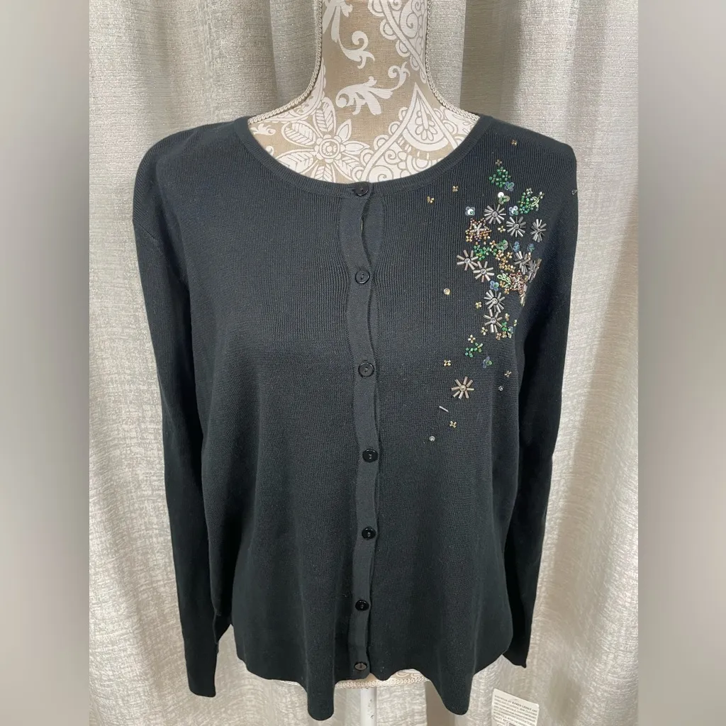 Karen Lessly Black Embellished Beaded Cardigan Sweater Women’s Plus 1 Size 1X - Image 3