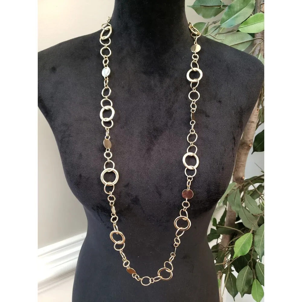 Women Long Gold Tone Circle Link Necklace Minimalist Modern Fashion Jewelry - Image 2