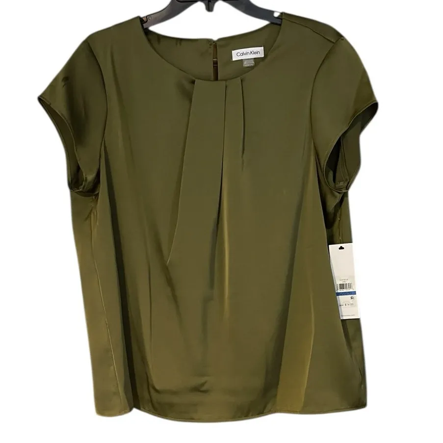 Calvin Klein Size XL NWT Womens Olive Green Pleated Crew Neck Cap Sleeve Blouse - Image 2