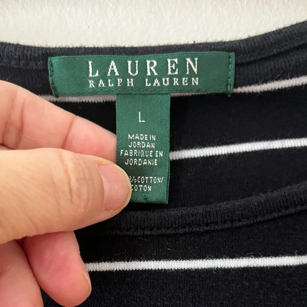 Lauren Ralph Lauren Sz M Black Striped Stretch Cotton Boatneck Pullover Blouse - Image 2