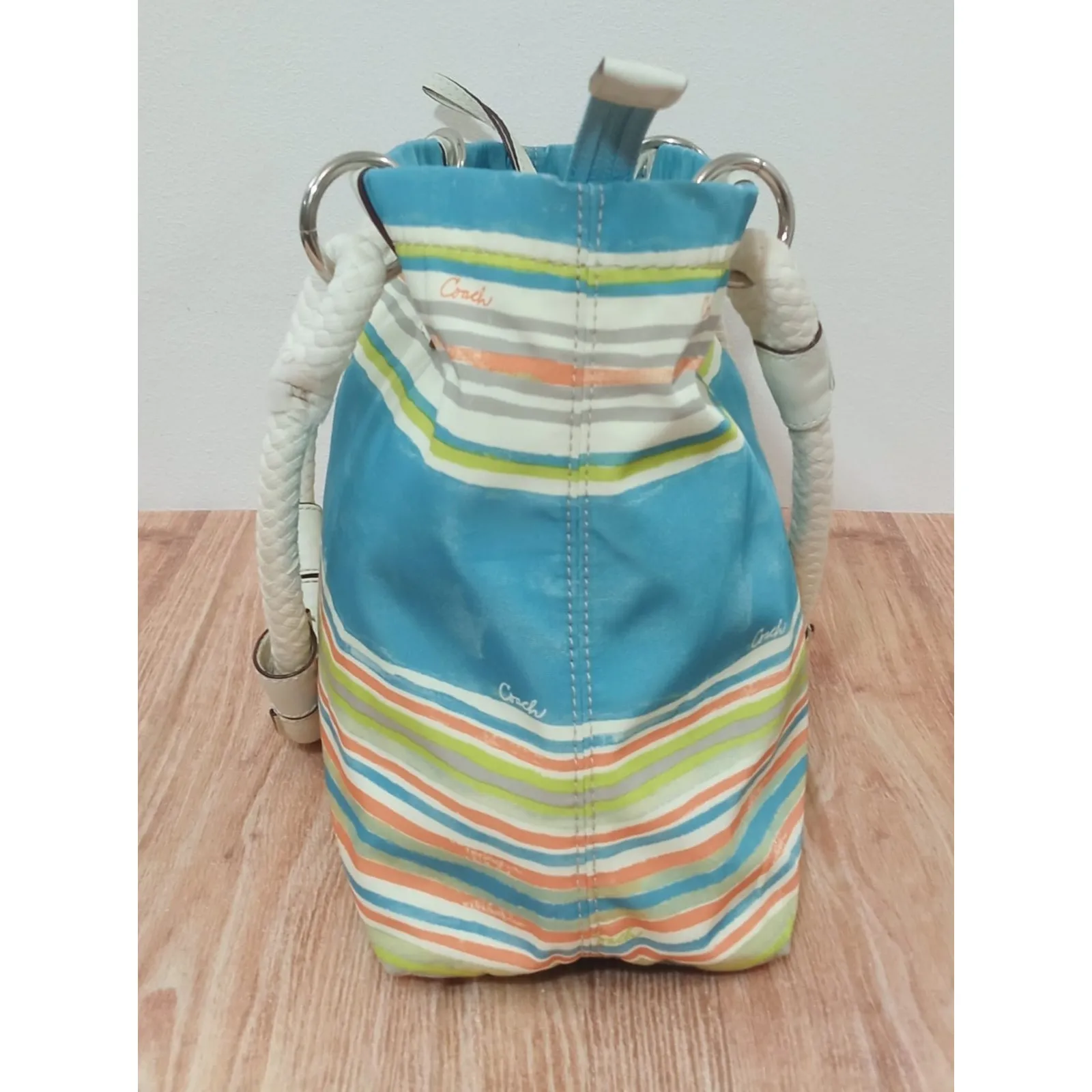 Coach Nautical Beach Multi Stripe East West Tote Bag Purse Seahorse Charm RARE - Image 6