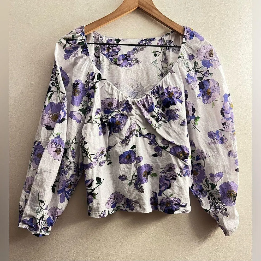 Anthropologie Purple Floral Ruched Crop Top Balloon Sleeves L - Image 2
