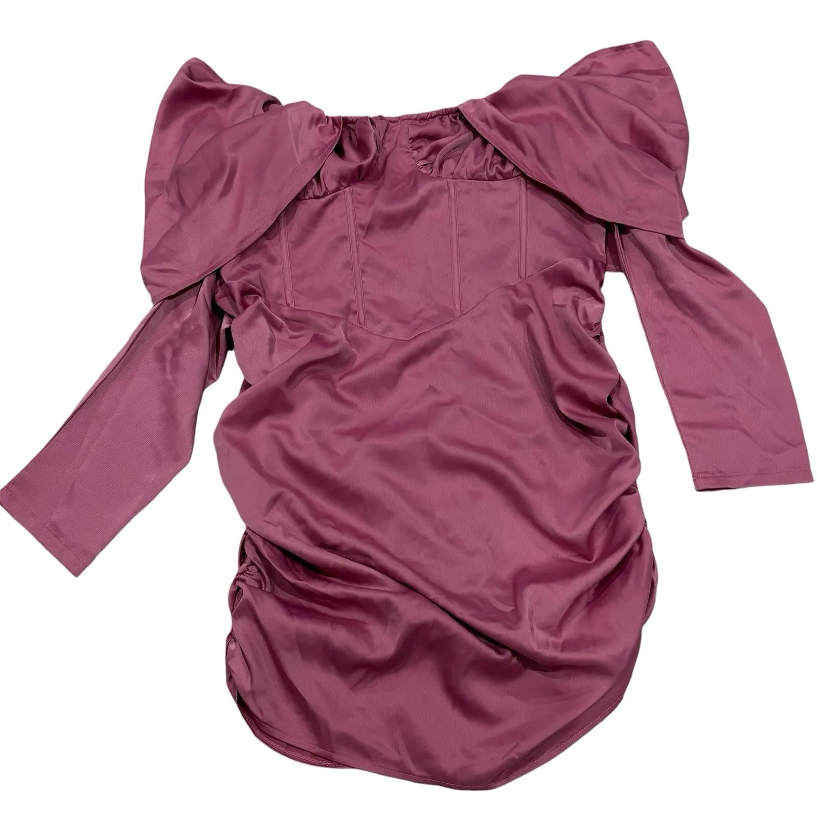 PrettyLittleThing‎ Pink Satin Drape Bardot Sleeve Ruched Back Bodycon Dress 16 - Image 2