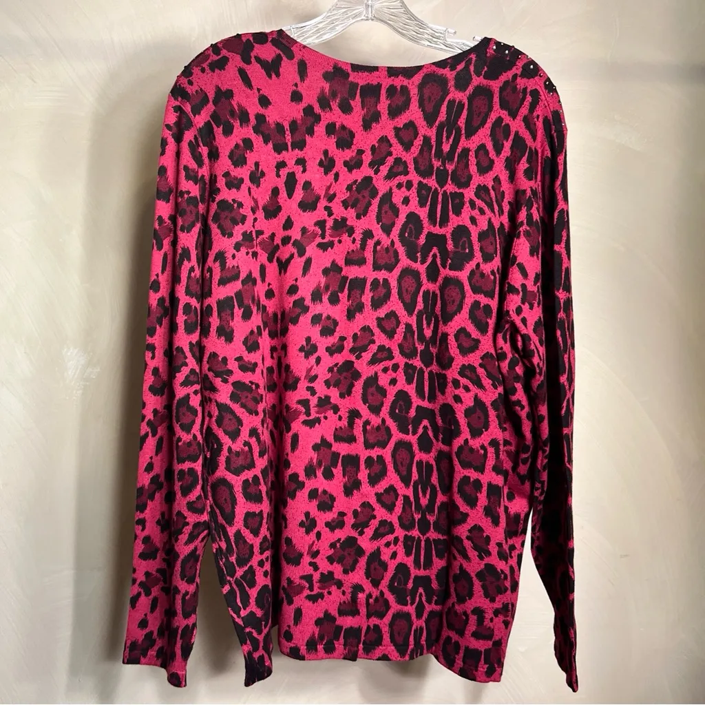 Quacker Factory Womens Leopard Long Sleeve  Rhinestone Cardigan Sweater|Size:1X - Image 15