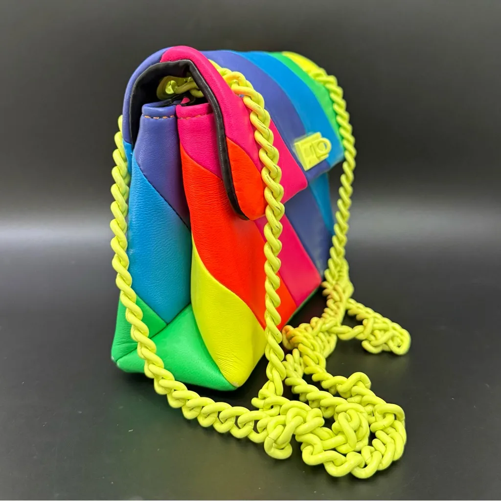 KURT GEIGER Brixton Neon Rainbow Quilt Leather Chain Shoulder Crossbody NO LOCK! - Image 5