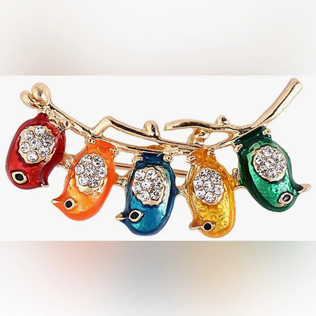 Colorful, Sparkly “Birds on a Branch” Fashion Rhinestone Brooch, Gold - Image 7