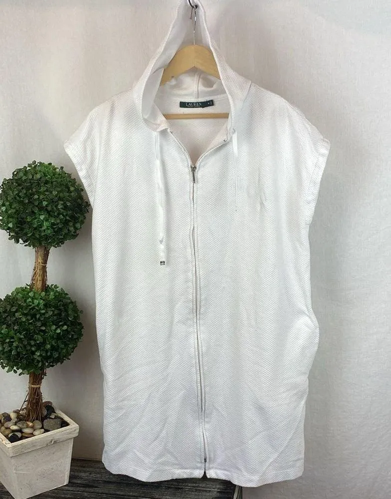 Ralph Lauren White Zip Front Hoody Swim Suit Bath Robe Coverup Dress M - Image 2