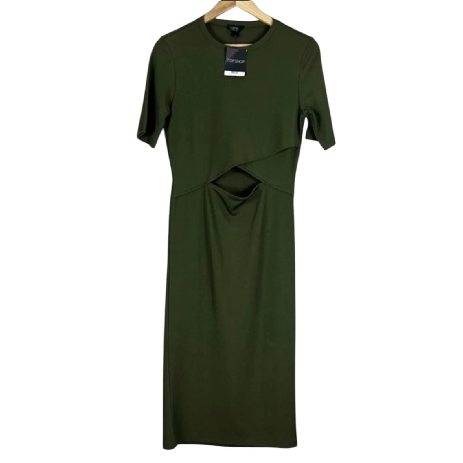 NWT Topshop Cutout Midi Dress Womens 8 Olive Bodycon Modern Going Out Chic - Image 2