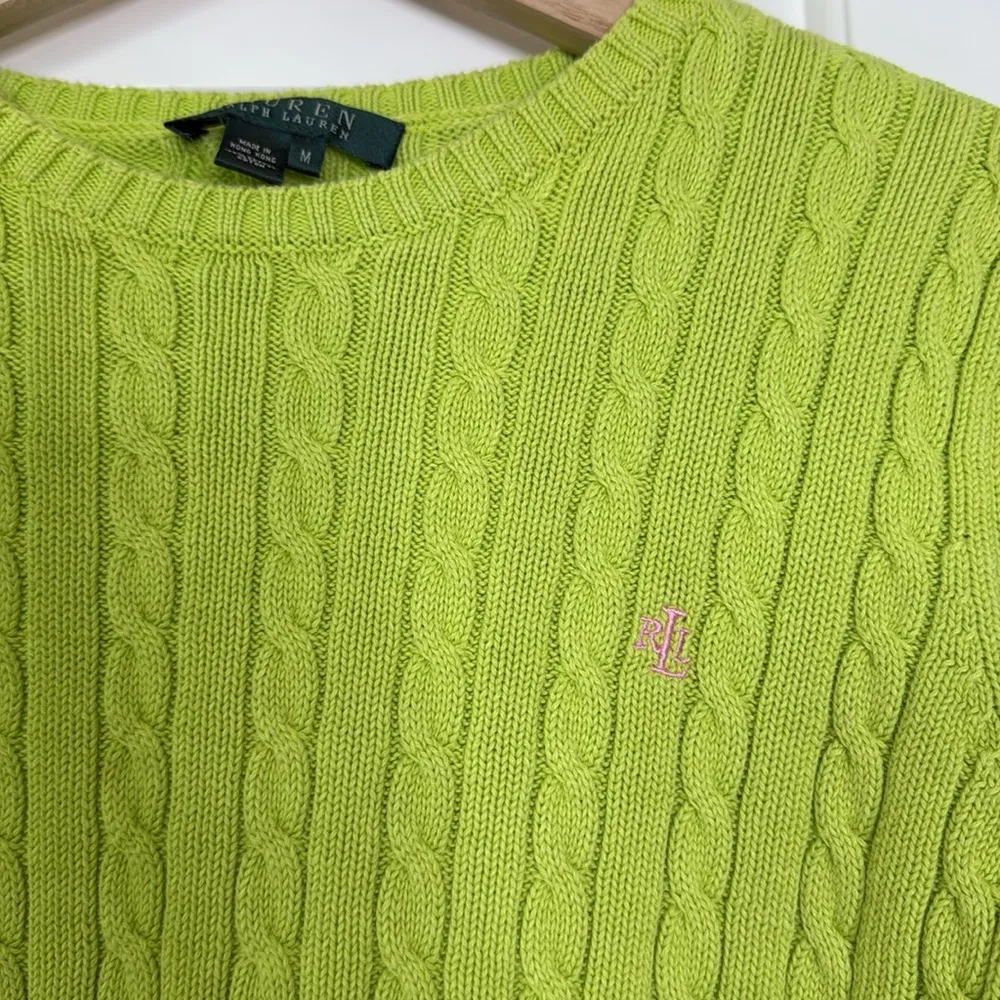 LRL cable knit lime green crew neck sweater Size M - Image 4