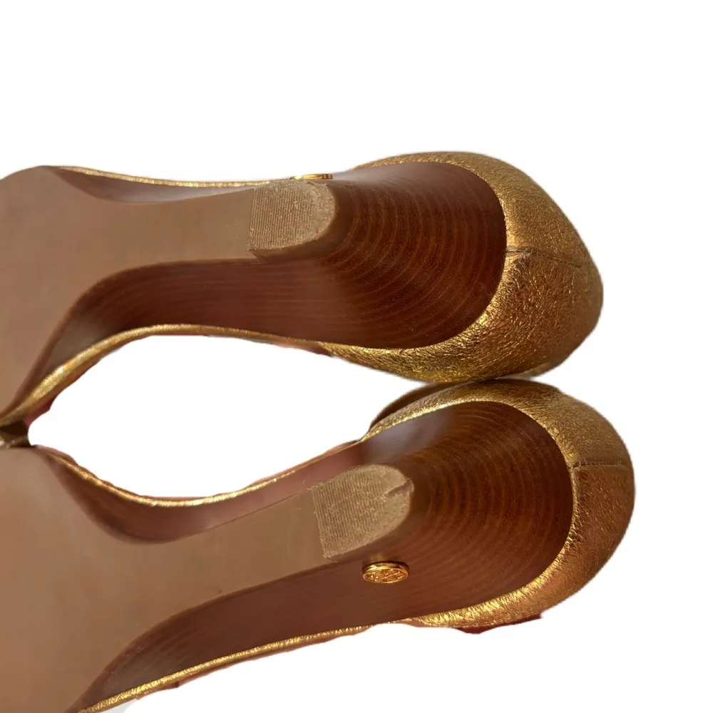 Tory Burch Gold Savannah Wedge Sandal Logo Wedges Heels Size 10 Crackle Metallic - Image 9