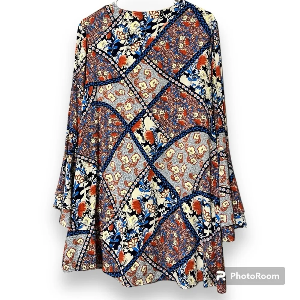 ENTRO size medium long bell sleeve lined v neck short dress tunic patchwork boho - Image 2