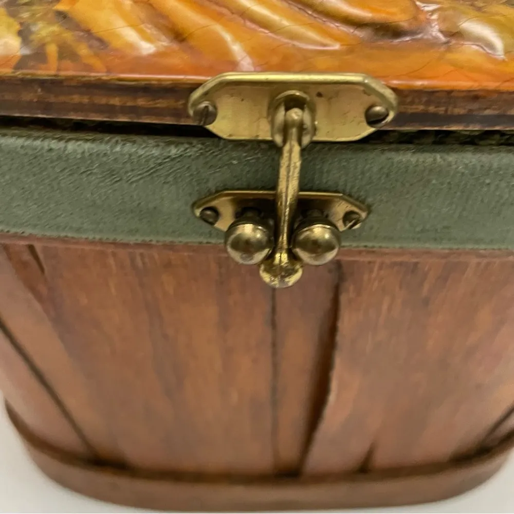 Vintage Basket Purse Molded Floral Velour Wood Lined Picnic Style Green Yellow - Image 4