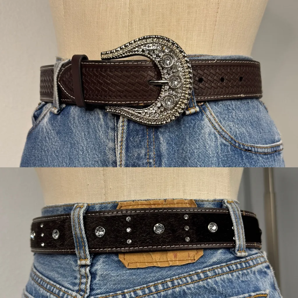 Western Belt Rhinestone Bling Brown Leather Rodeo Buckle Cowgirl Small - Image 2