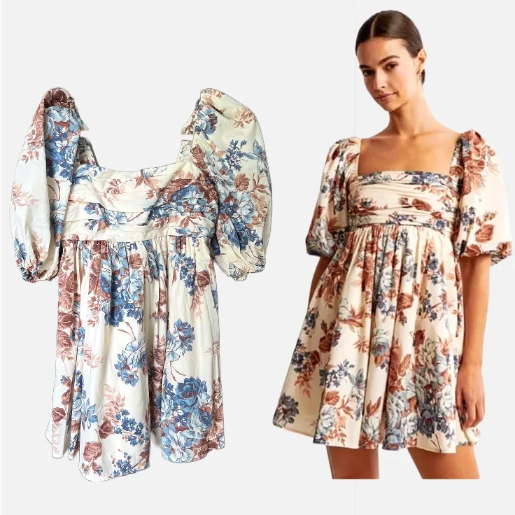 Abercrombie Dress Emerson poplin puff sleeves babydoll floral beige pockets - Image 7