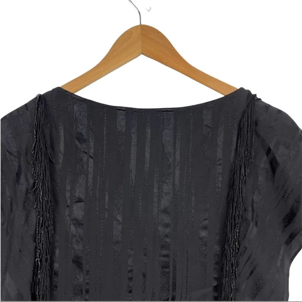 BCBGMAXAZRIA Black Silk Ruffle Blouse Top Beaded Fringe with Shinny Stripes  XXS - Image 8