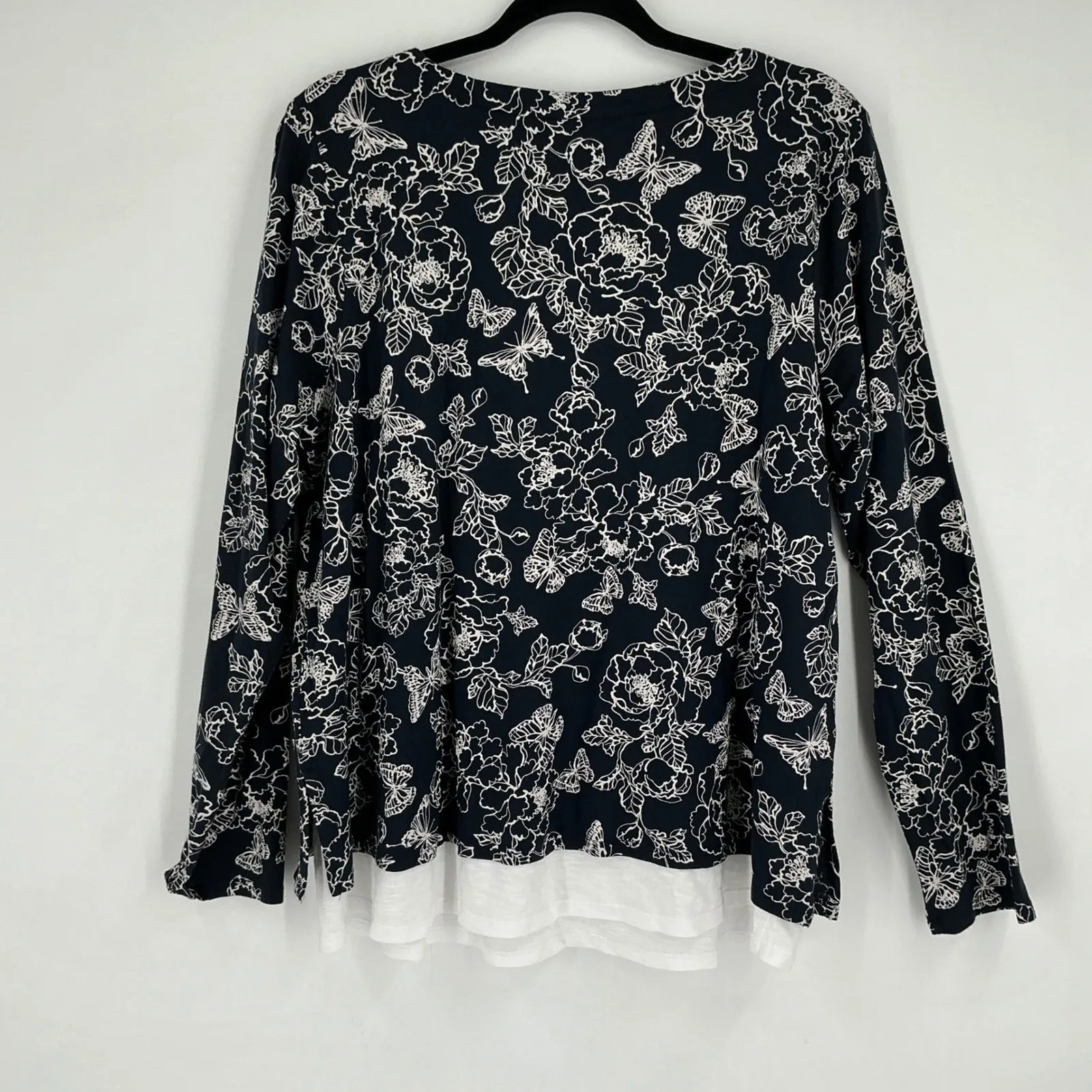 J Jill Layered Lagenlook Long Sleeve Floral‎ Butterfly Top Women's Size L Navy - Image 3