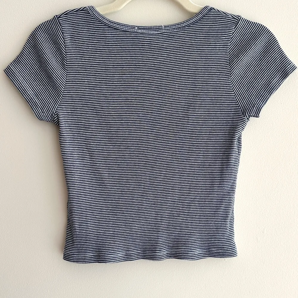 Navy Blue and White Striped Belly Button Cropped Top Shirt, P1 - Image 13