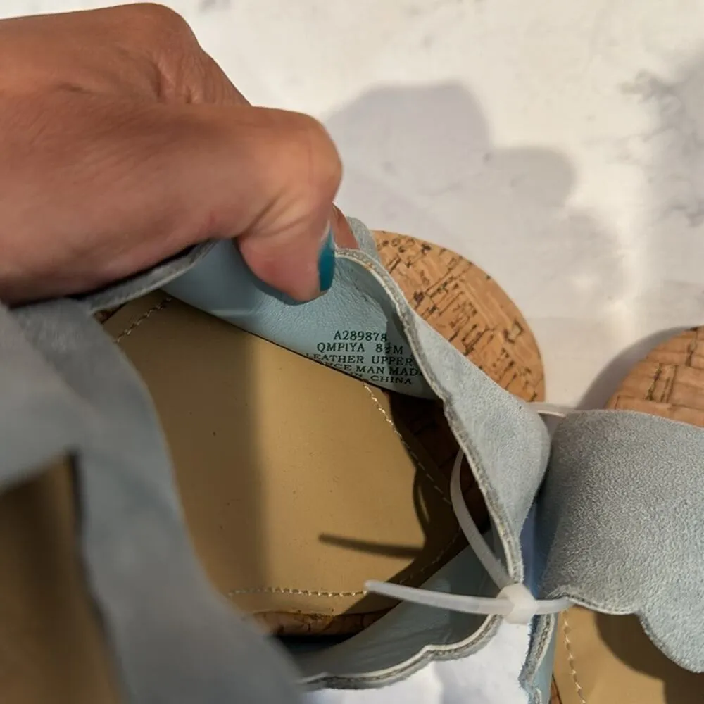 Marc Fisher Piya Scalloped ankle wrap Sandals suede Blue cork heel size 8.5 - Image 10