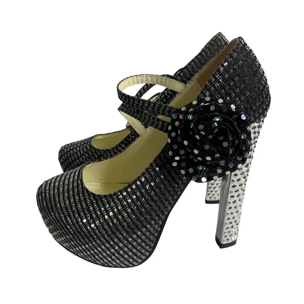 Gatuxus Metallic Platform High Heels Womens 7 Black Silver Straps Flower Size undefined - Image 5