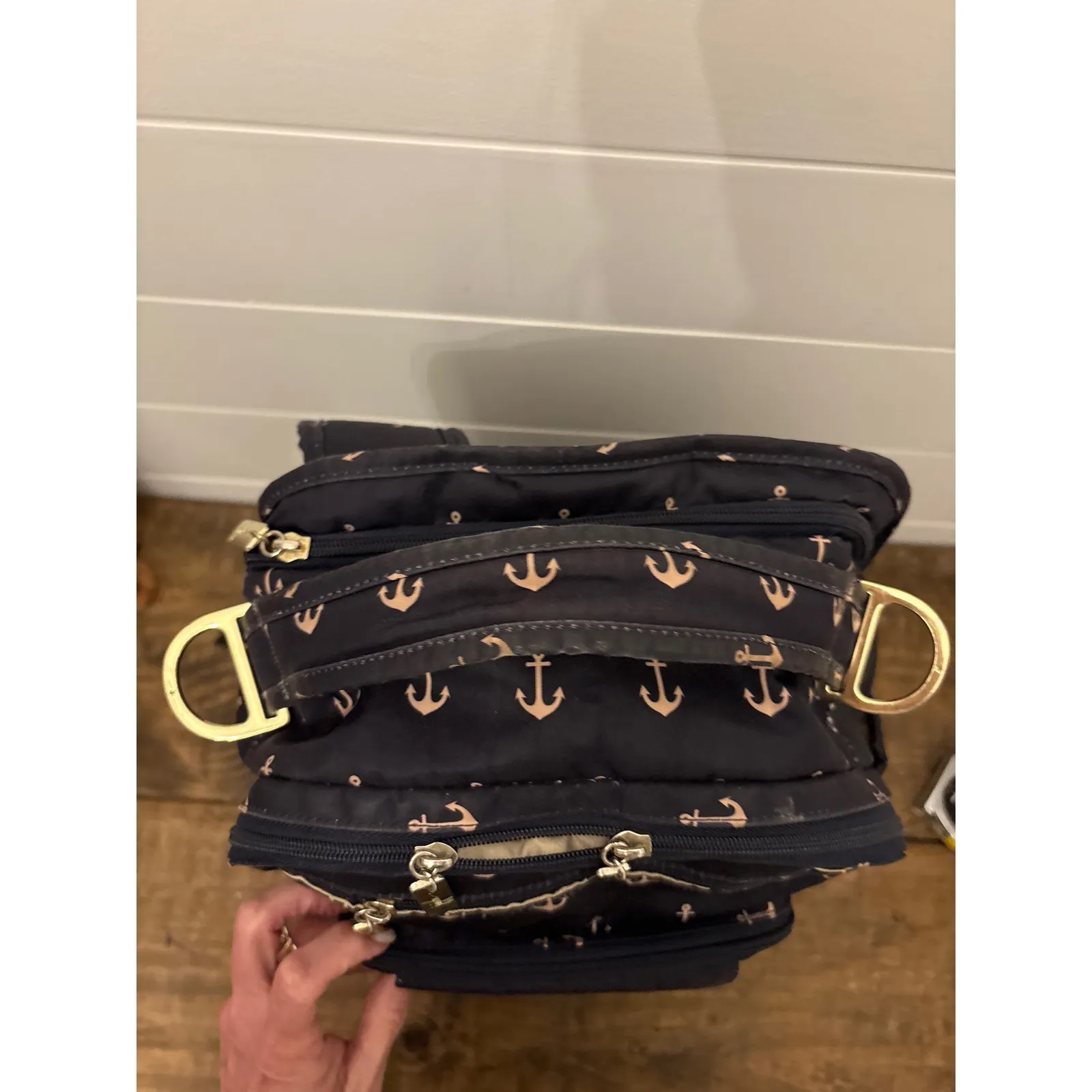 JuJuBe Navy Anchor Print Backpack Diaper Bag Gold Hardware Blue - Image 8