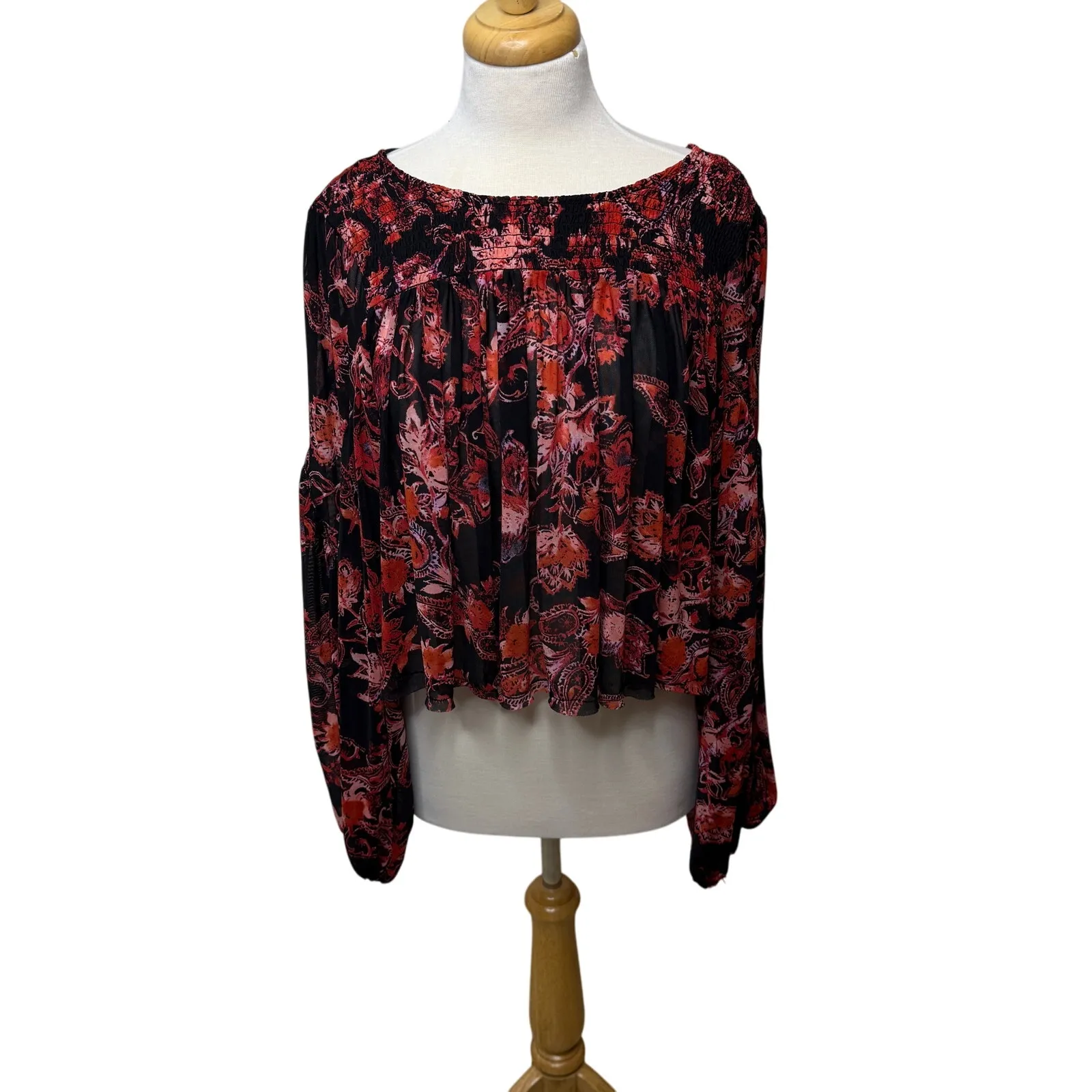 Free People Up For Anything Top Size M Floral Print Smocked Flowy Fit Boho Indie - Image 5