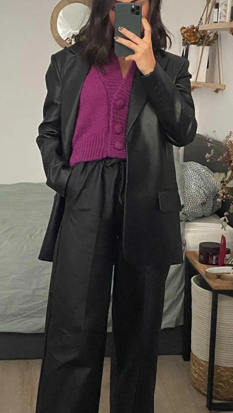 Black High Waisted Waxed Effect Wide Leg Pant - Image 6