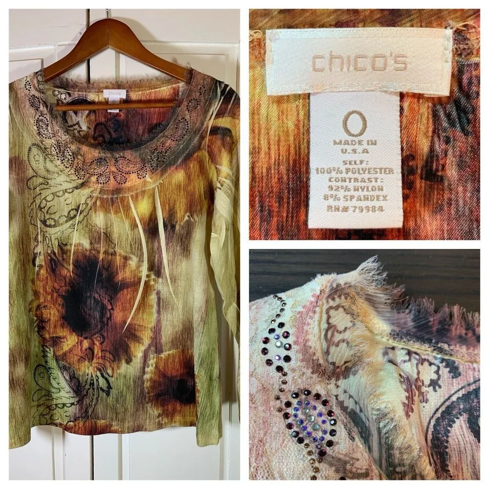 Chicos 0 Blouse Top Small Brown Floral Stretch‎ Embellished Lace Feathers Shirt - Image 2