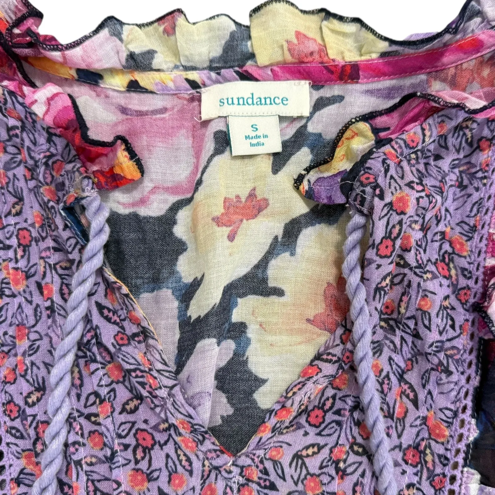 Sundance Fields of Beauty Tiered Floral Boho Peasant Dress Ruffle Purple Small - Image 4